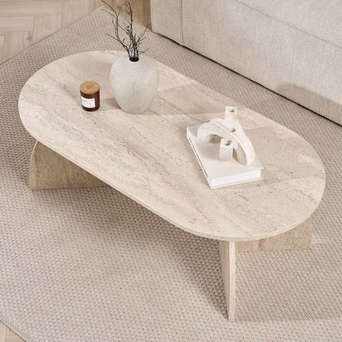 Melina coffee table travertine oval 120 cm Melamine-coated wood composite