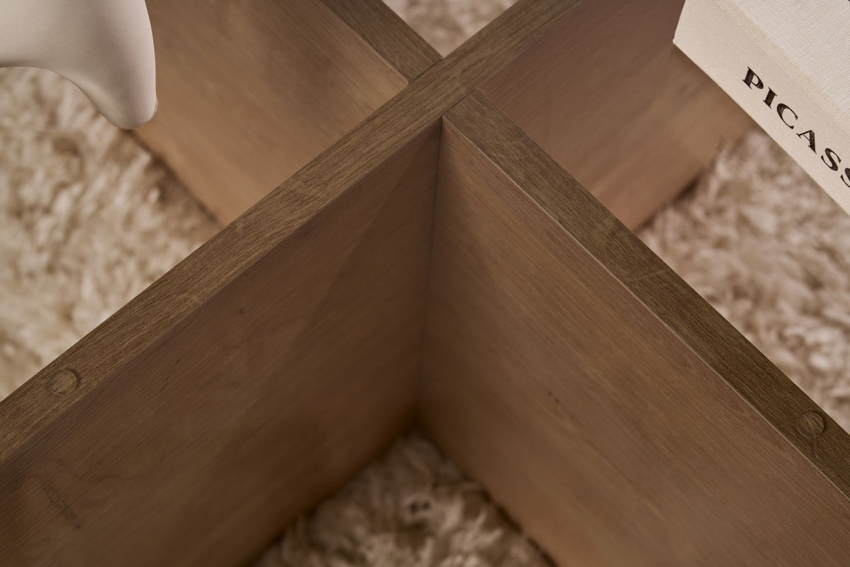 Coffee tables - Round coffee table Aris oak look melamine and smoked glass 75 cm - Dimehouse