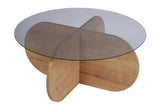 Coffee tables - Round coffee table Aris oak look melamine and smoked glass 75 cm - Dimehouse