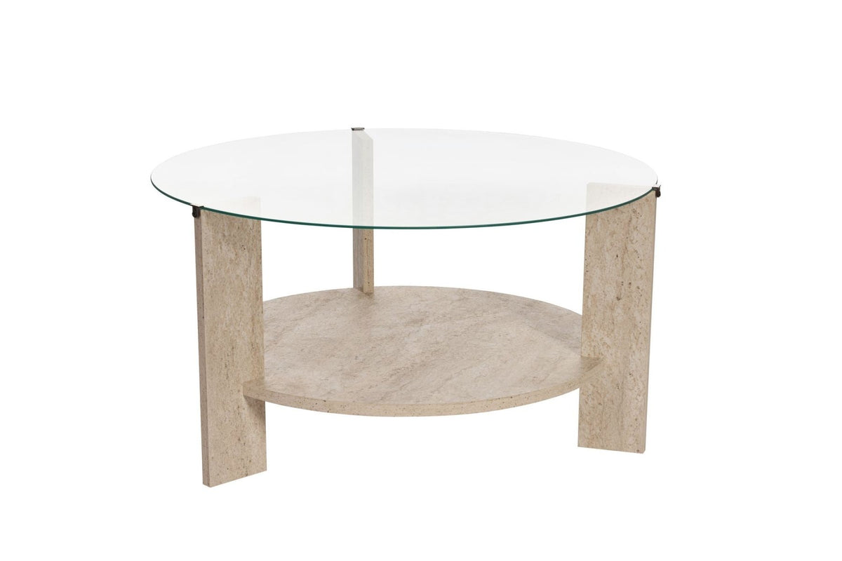 Coffee tables - Round coffee table travertine melamine transparent glass Ø75 cm - Cairo - Dimehouse