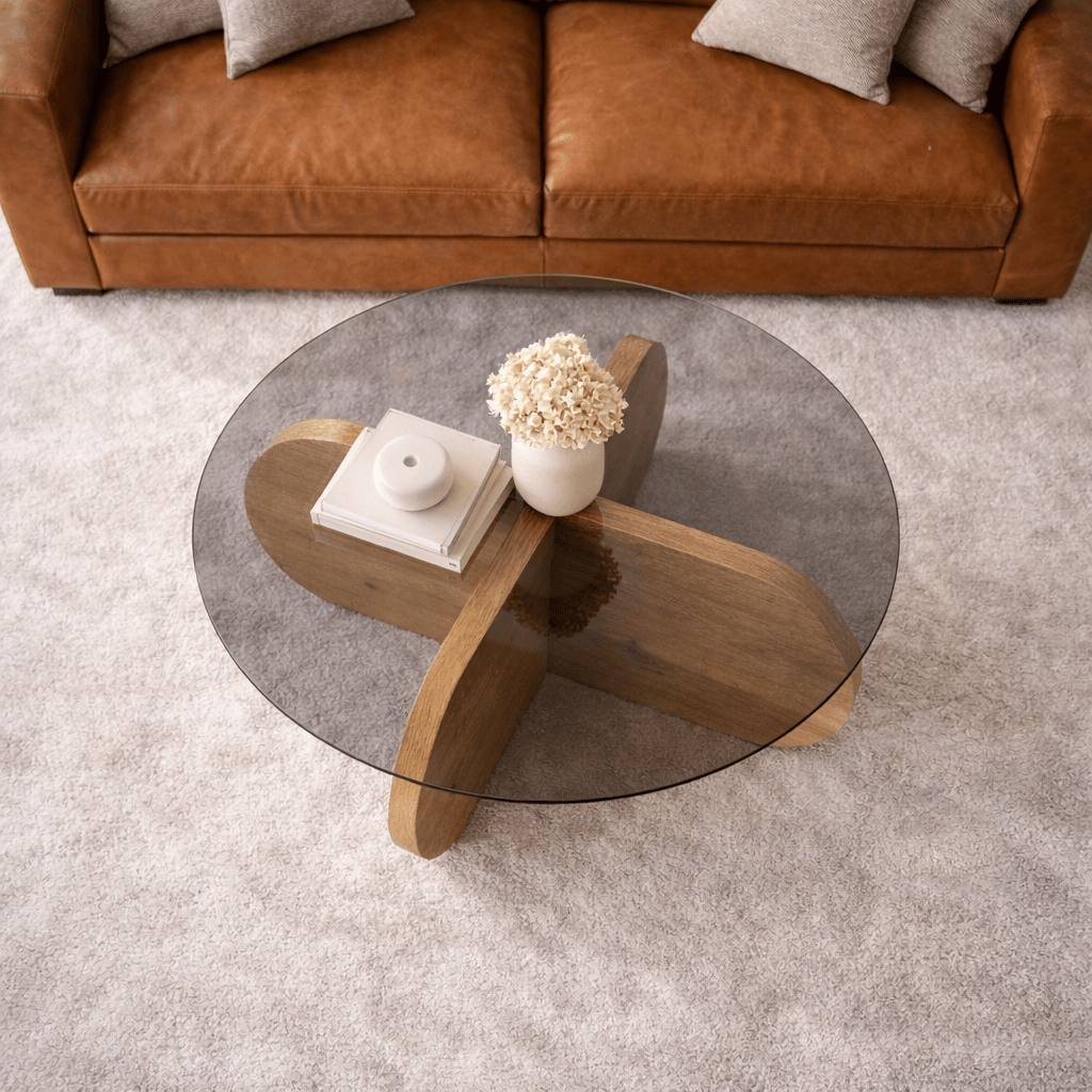 Coffee tables - Round coffee table Aris oak look melamine and smoked glass 75 cm - Dimehouse