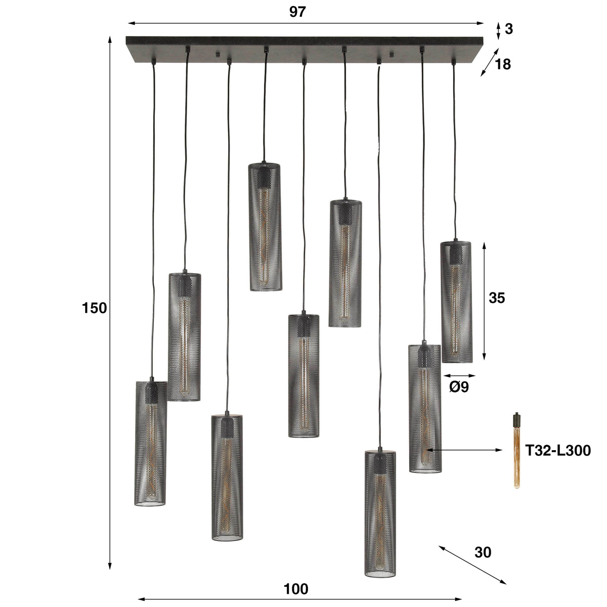 Hanging lamps - Hanging lamp Zavi 9 - light mesh black - Dimehouse