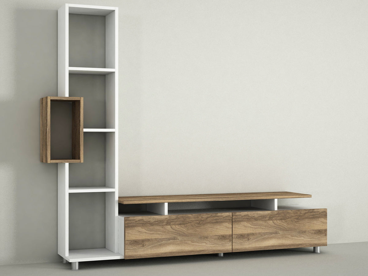 TV Furniture - TV Furniture Set Tulip White Walnut Melamine 160x166.7x29.5 cm - Dimehouse