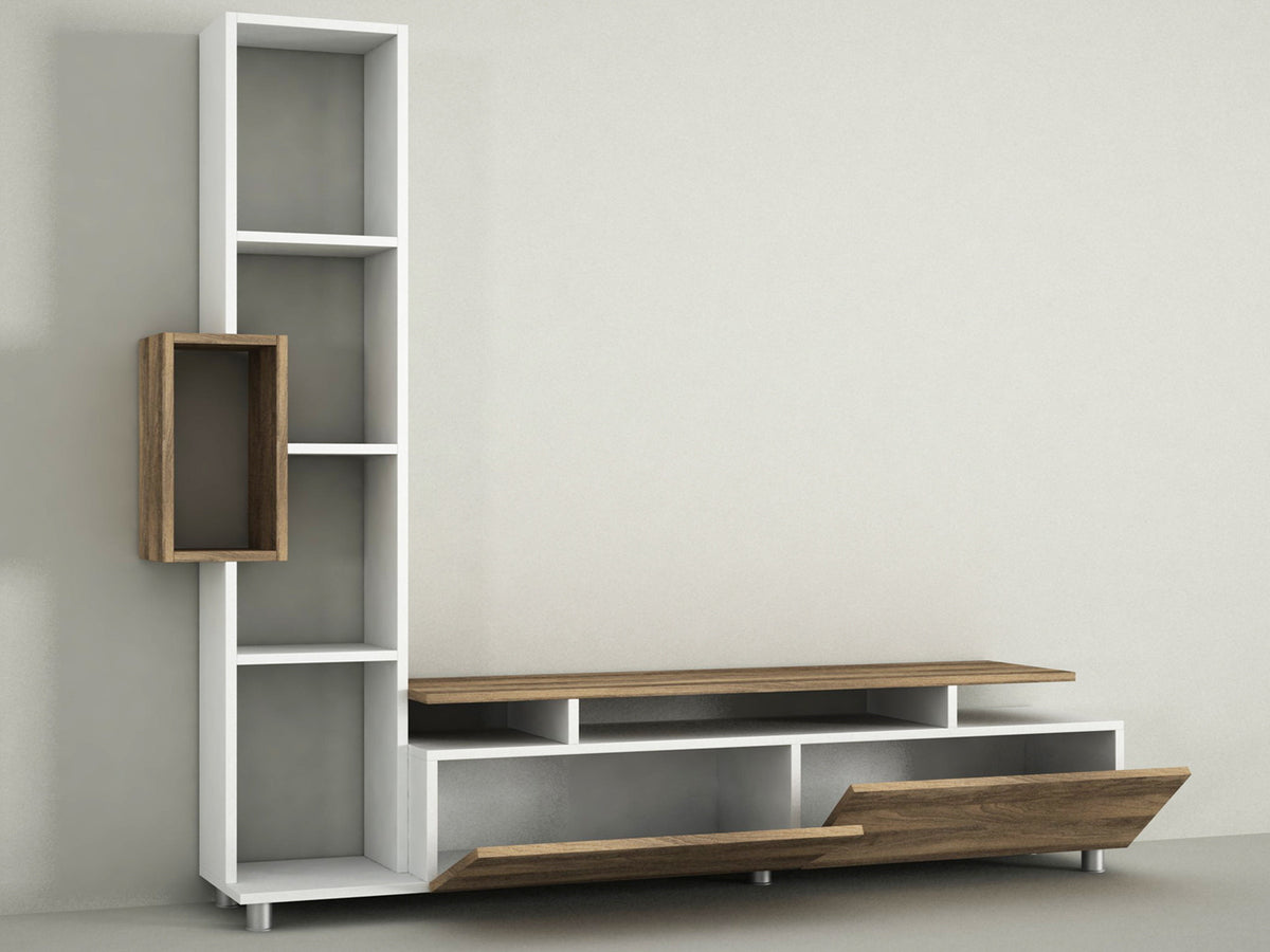 TV Furniture - TV Furniture Set Tulip White Walnut Melamine 160x166.7x29.5 cm - Dimehouse