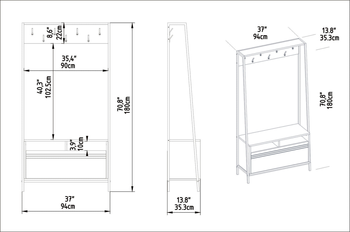Coat Racks - Wardrobe Furniture Coat Rack Walnut Melamine Devon - With Compartments and Drawer - Dimehouse