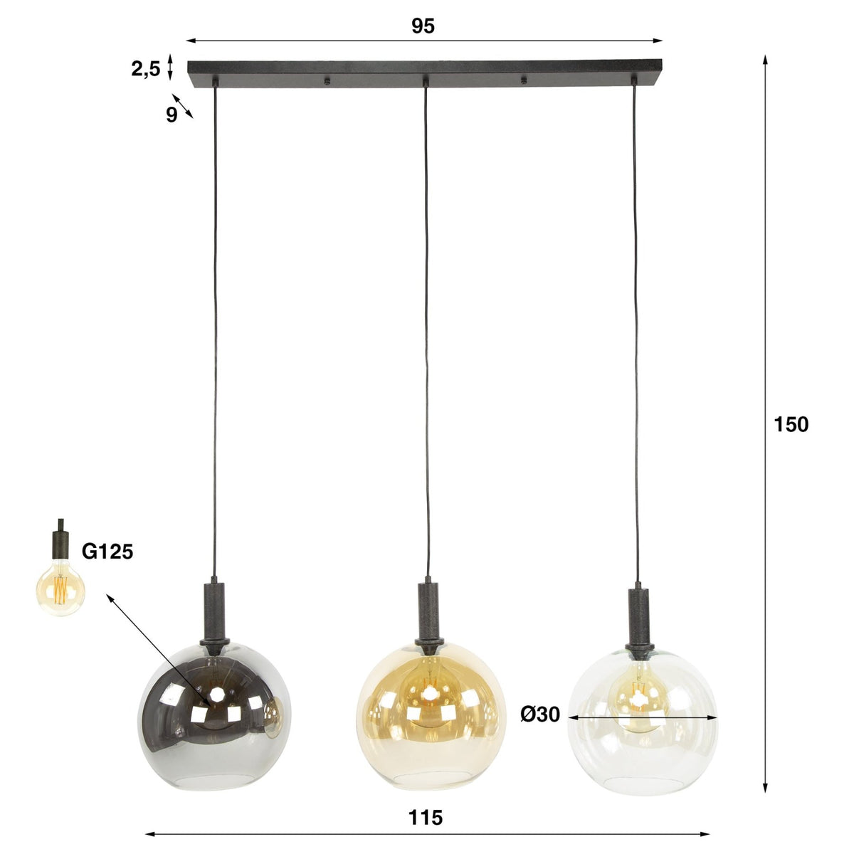 Hanging lamps - Hanging lamp 3 - light colored glass black metal Valeo 115 cm - Dimehouse