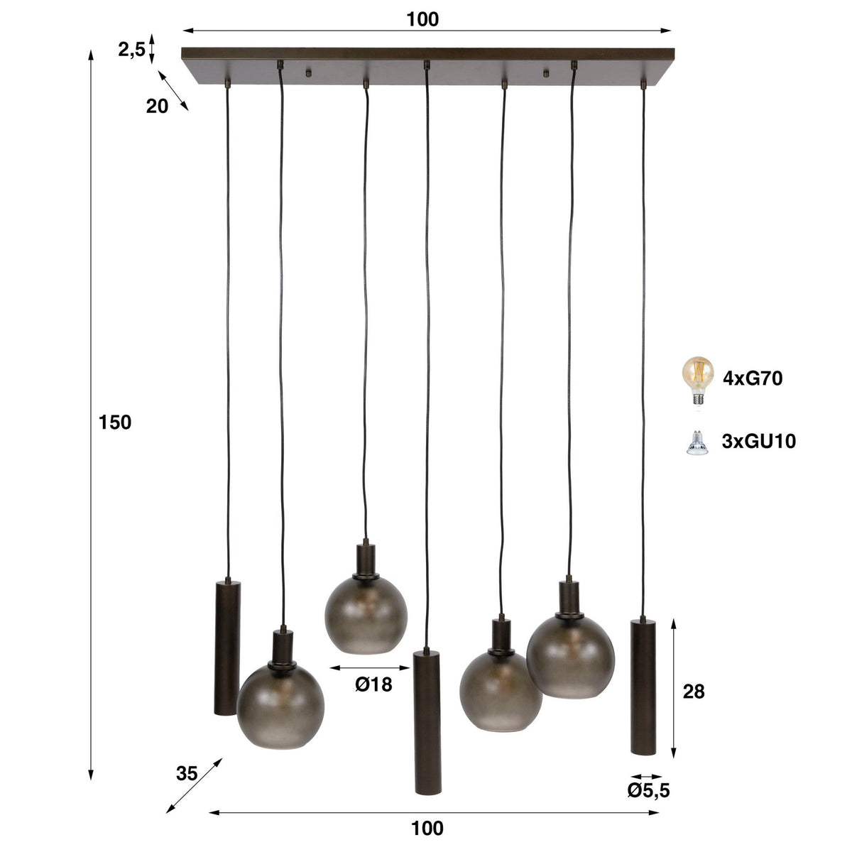 Hanging lamps - Hanging lamp 7 - light brown frosted glass bronze metal Valeo 110 cm - Dimehouse