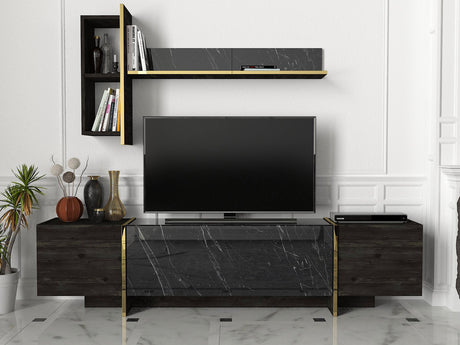 TV Furniture - TV Furniture Set Veyron Black Gold Melamine 180x45x32.3 cm - Dimehouse