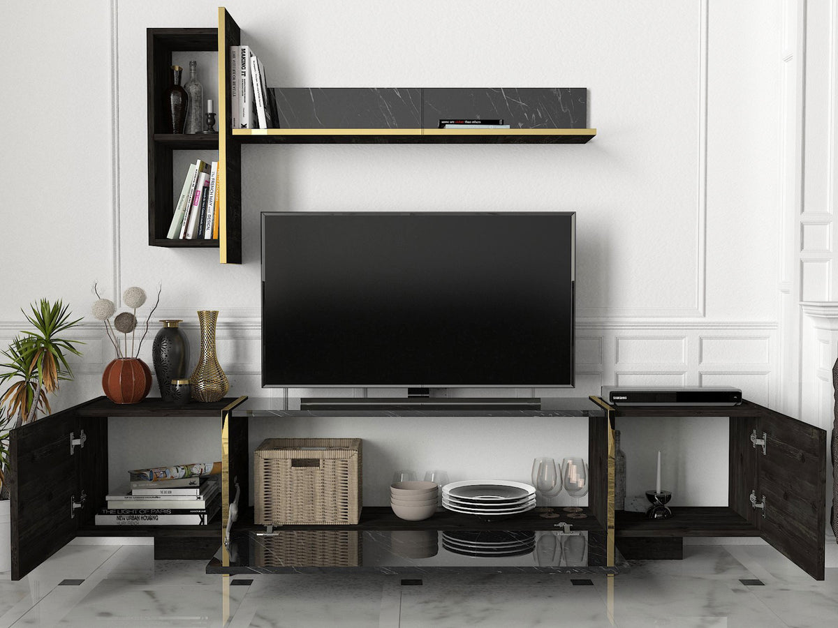TV Furniture - TV Furniture Set Veyron Black Gold Melamine 180x45x32.3 cm - Dimehouse