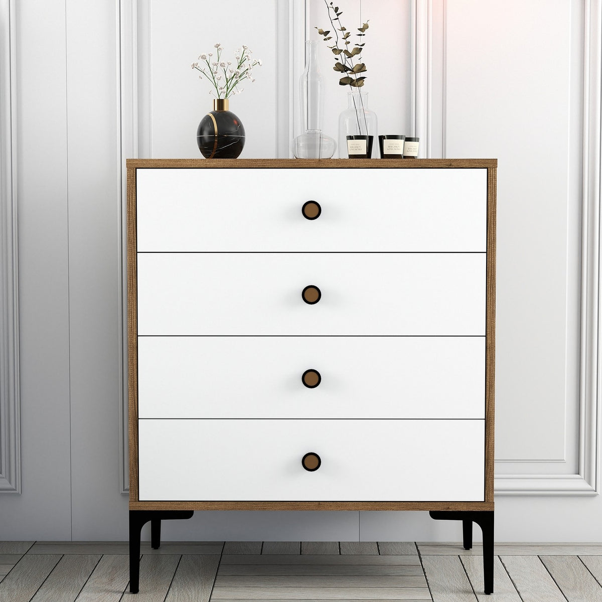 Chests of drawers - Chest of drawers Lizbon Walnut White Melamine 76x90.7x40 cm - 4 drawers - Dimehouse