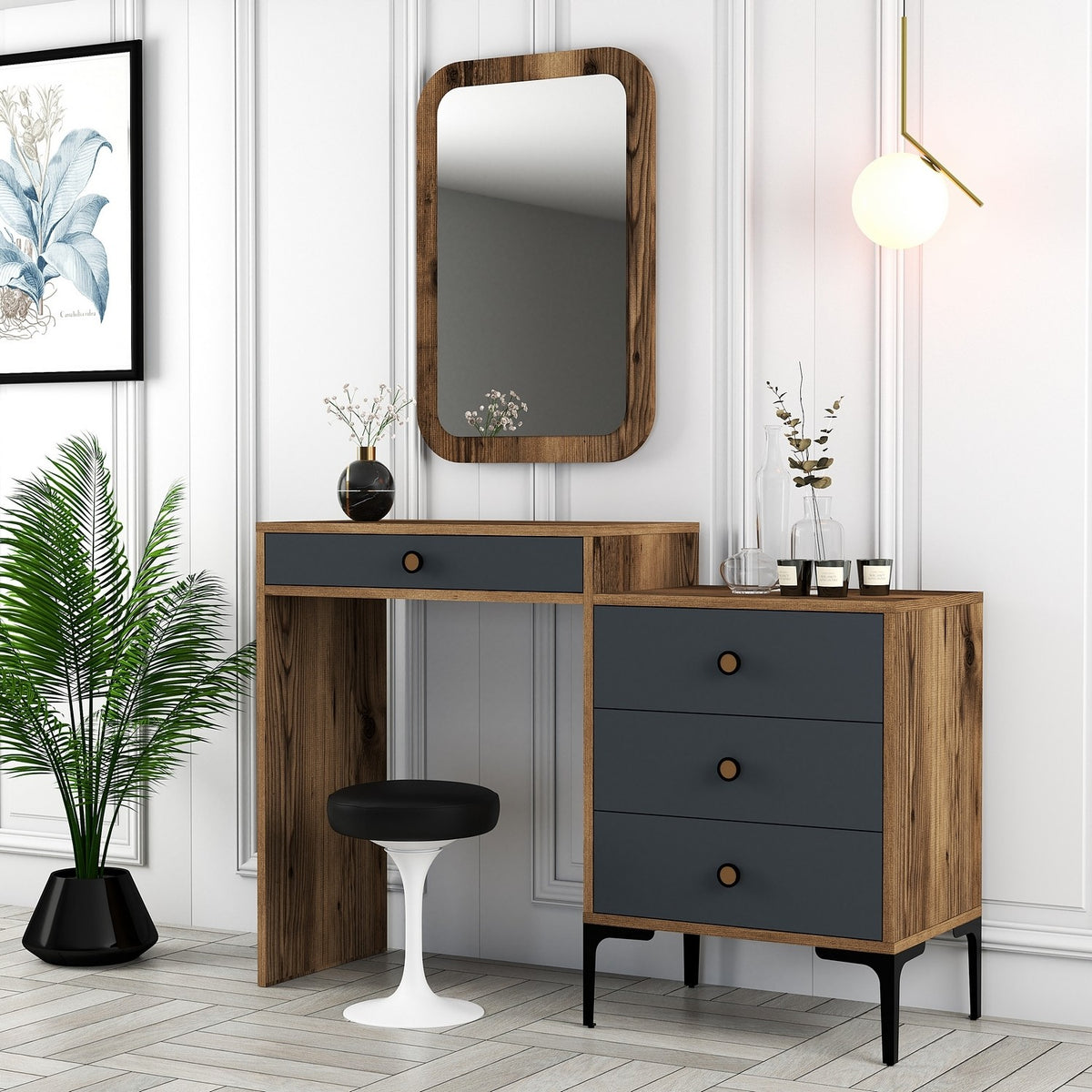 Chests of drawers - Chest of drawers Dressing table Lizbon Walnut Anthracite Melamine 124x84.7x40 cm - Dimehouse