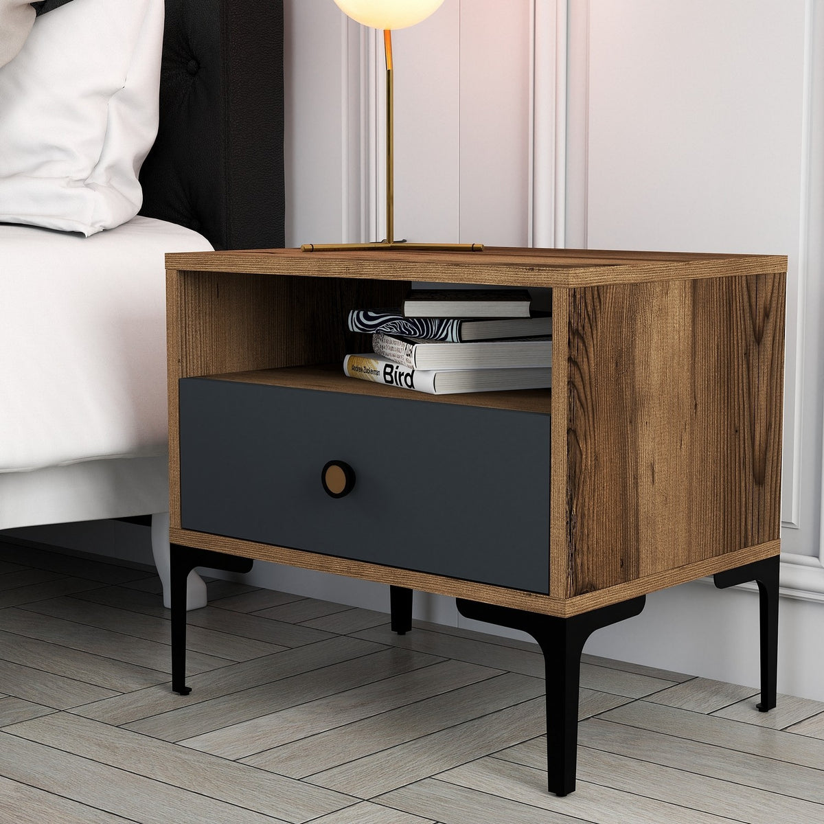 Bedside tables - Bedside table Lizbon Walnut Anthracite Melamine 56x50.8x40 cm - Dimehouse