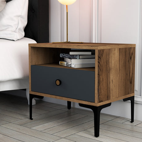 Bedside tables - Bedside table Lizbon Walnut Anthracite Melamine 56x50.8x40 cm - Dimehouse