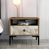 Bedside tables - Bedside table Lizbon Walnut White Marble Melamine 56x50.8x40 cm - Dimehouse