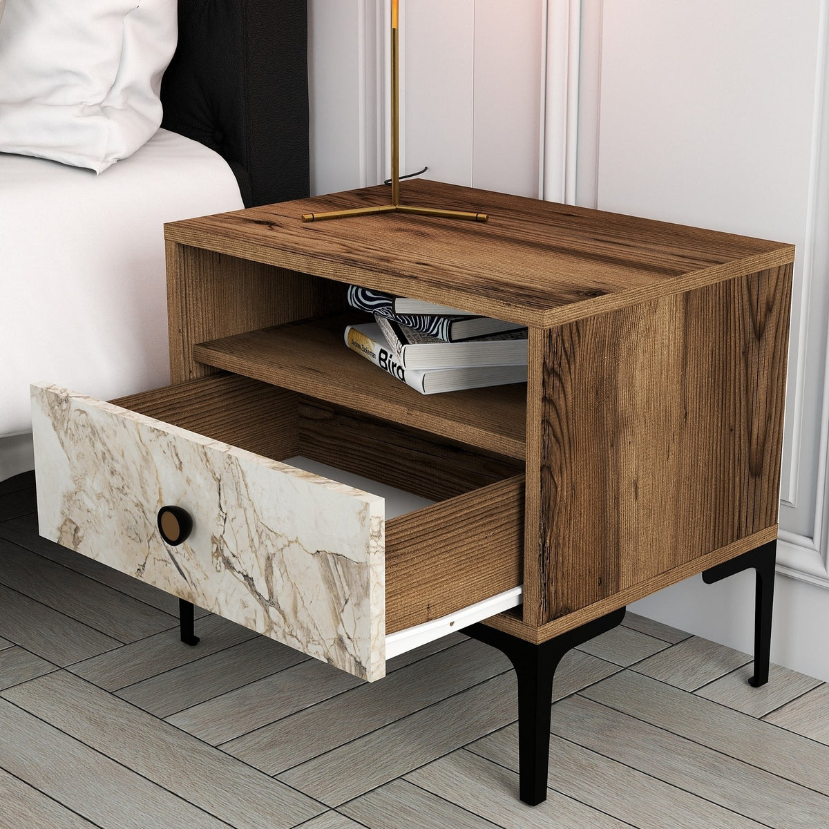Bedside tables - Bedside table Lizbon Walnut White Marble Melamine 56x50.8x40 cm - Dimehouse