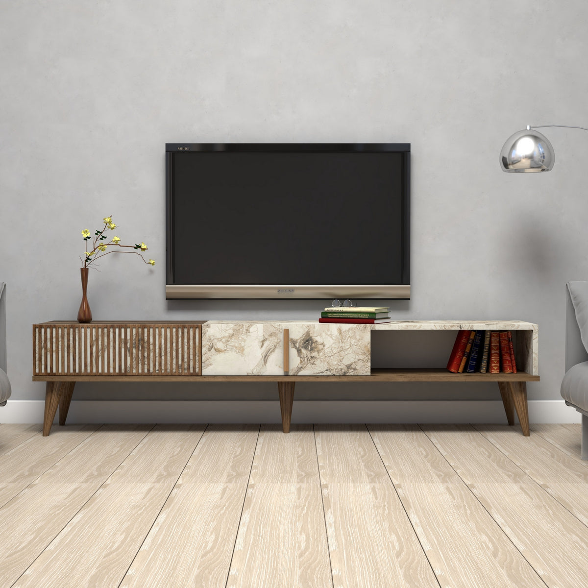 TV Furniture - TV Furniture Milan Walnut White Marble Melamine 180x40x35 cm - Dimehouse