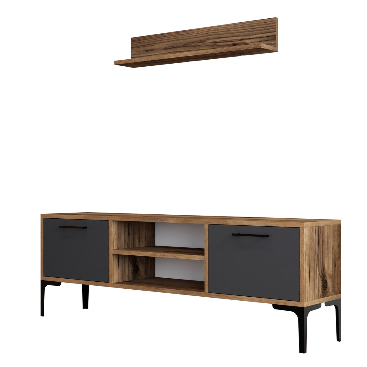TV Furniture - TV Furniture Set Riga Walnut Anthracite Melamine 140x48x30 cm - Dimehouse
