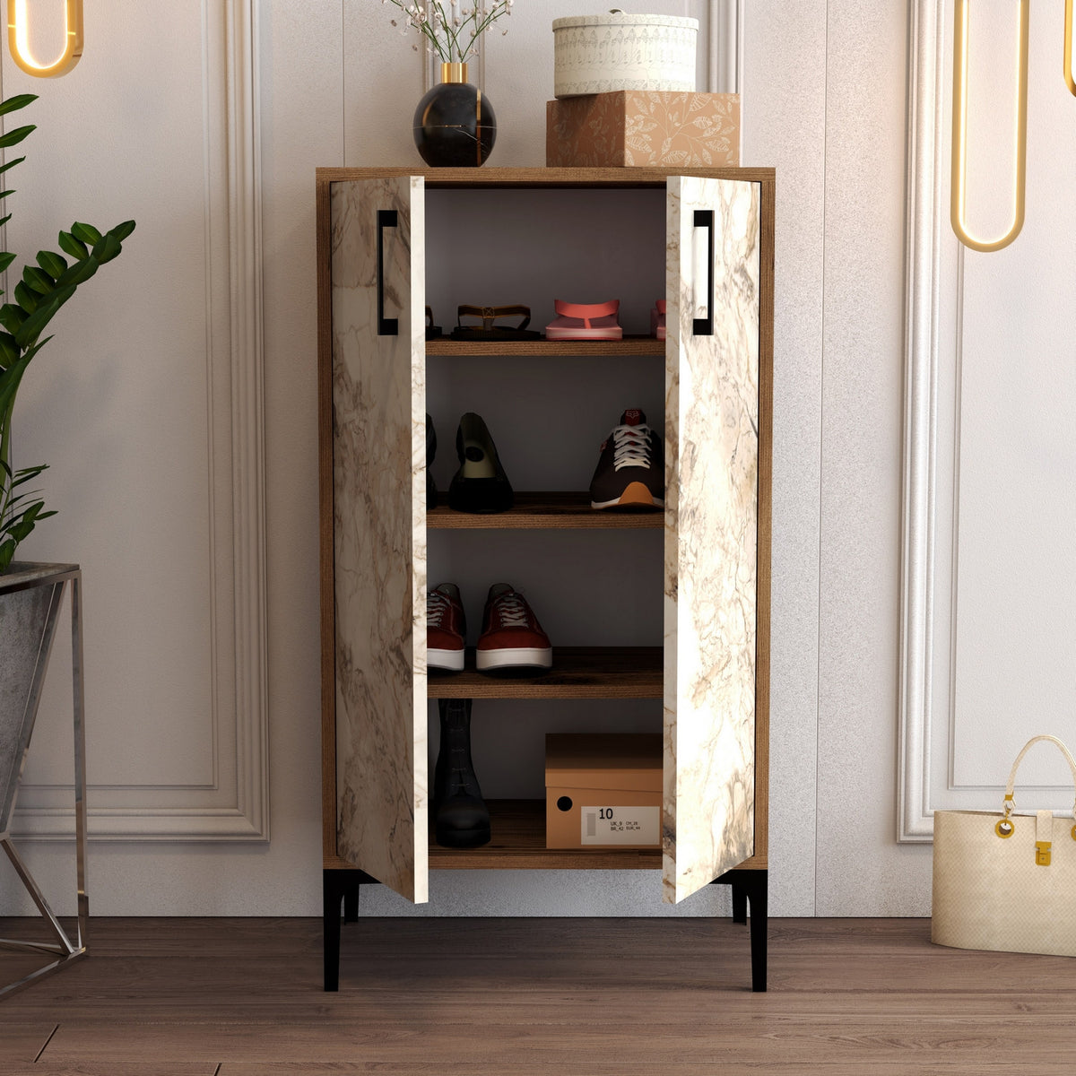 Shoe cabinets - Shoe cabinet Prag Walnut White Marble Melamine 60x111x35 cm - Dimehouse