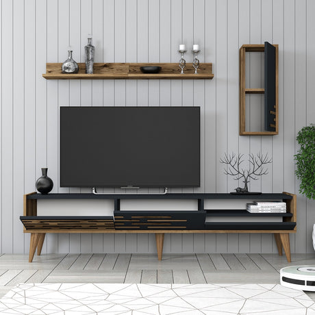 TV Furniture - TV Furniture Set Valensiya Walnut Anthracite Melamine 180x35x45 cm - Dimehouse