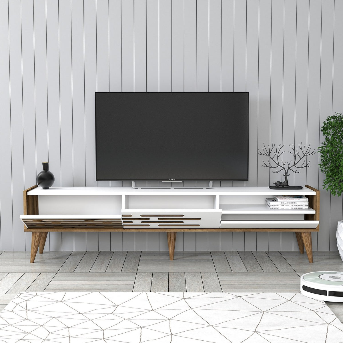 TV Furniture - TV Furniture Valensiya Walnut White Melamine 180x35x45 cm - Dimehouse