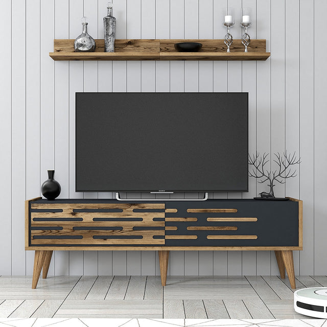 TV Furniture - TV Furniture Set Valensiya Walnut Anthracite Melamine 140x35x45 cm - Dimehouse
