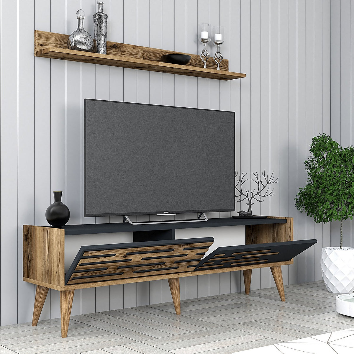 TV Furniture - TV Furniture Set Valensiya Walnut Anthracite Melamine 140x35x45 cm - Dimehouse