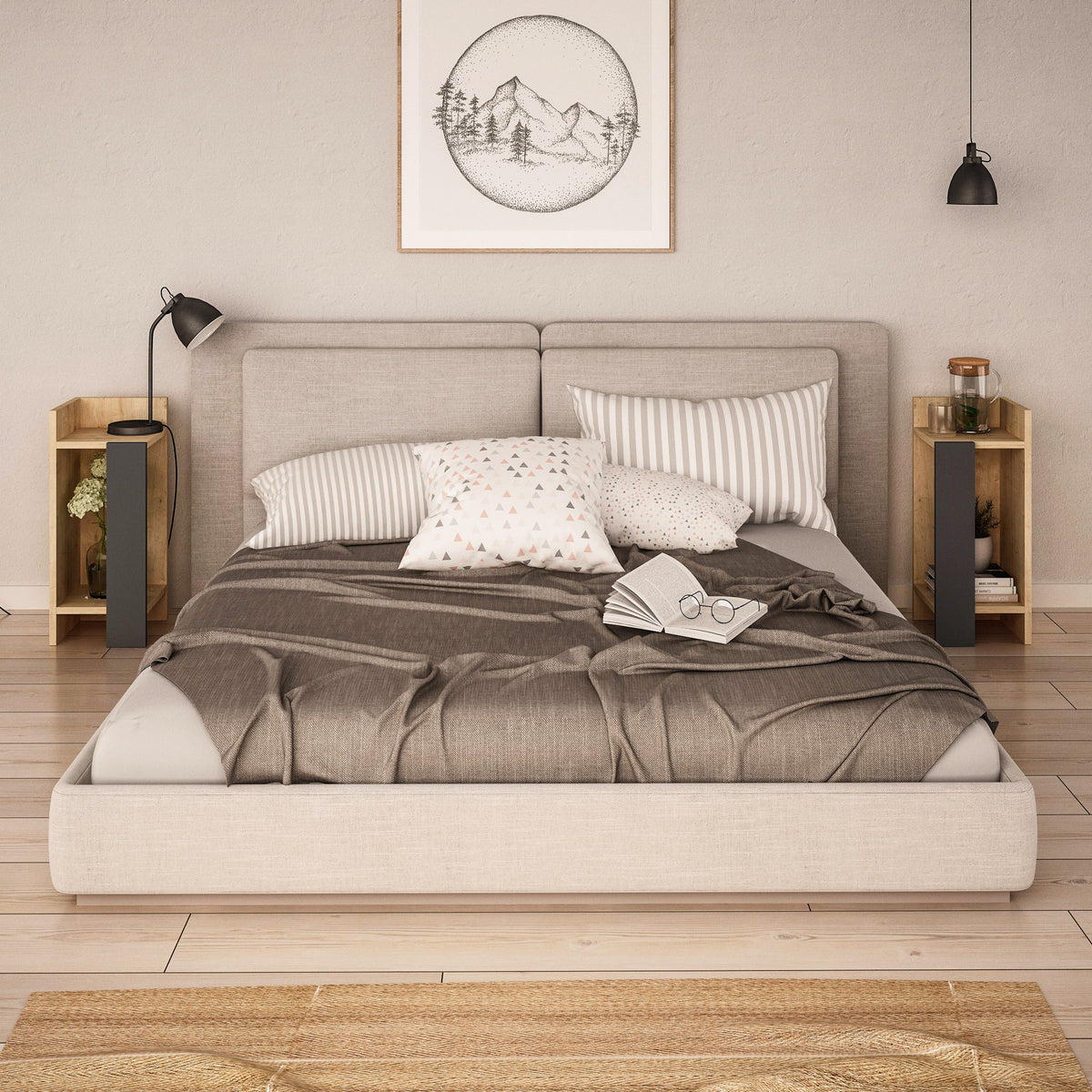 Bedside tables - Bedside table Set of 2 Elos Oak Anthracite Melamine 25x60x27 cm - Dimehouse