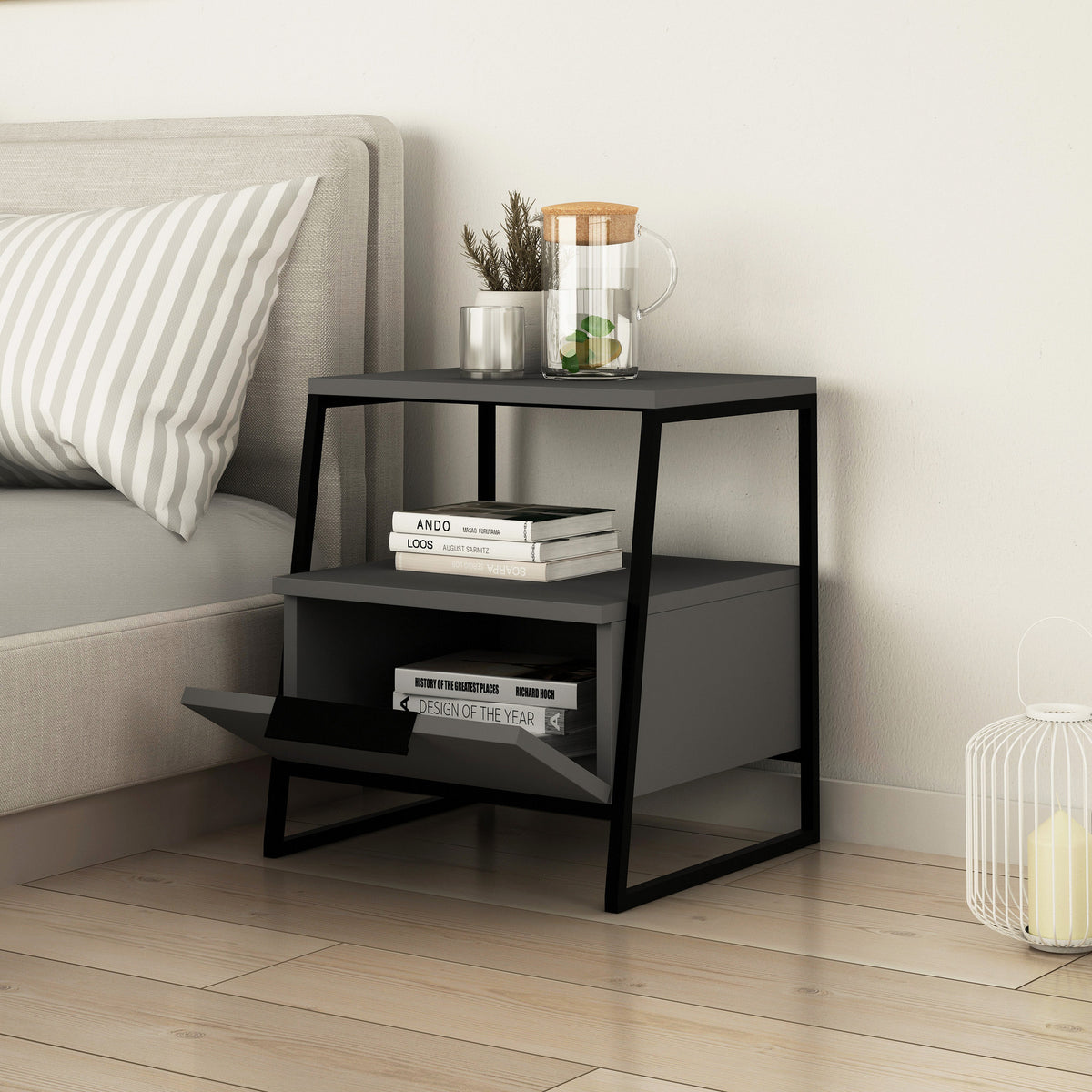 Bedside tables - Bedside table Pal Anthracite Melamine 45x50x40 cm - Dimehouse