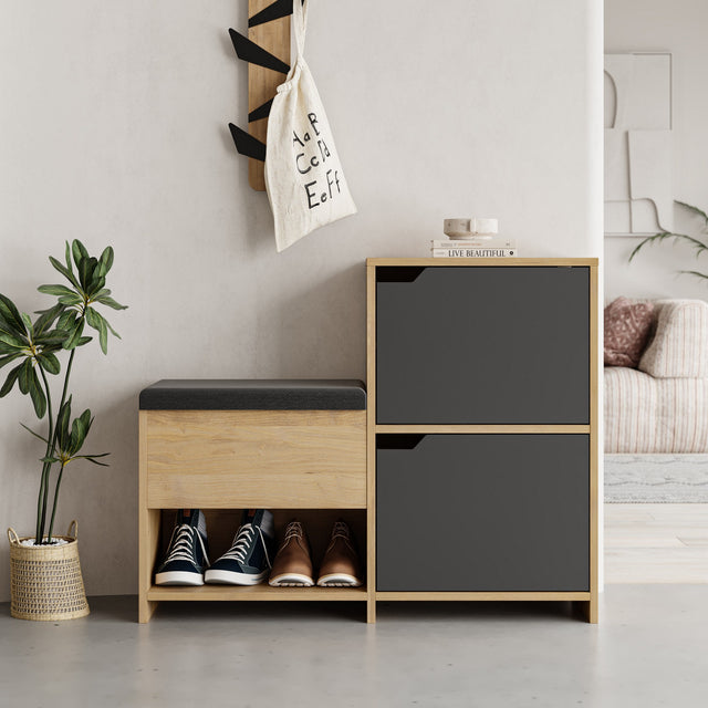 Shoe cabinets - Shoe cabinet Haven Anthracite Oak Melamine 101.5x80.5x35.5 cm - Dimehouse