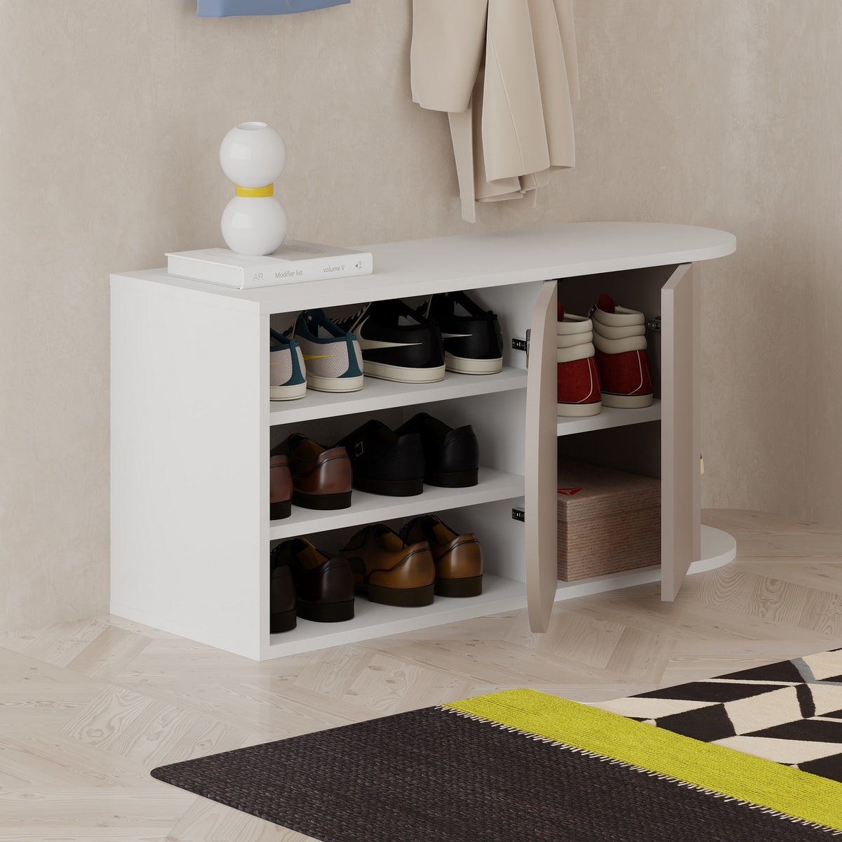 Shoe cabinets - Shoe cabinet Nova Shoe Bench Mocha White Melamine 104x50x37 cm - Dimehouse