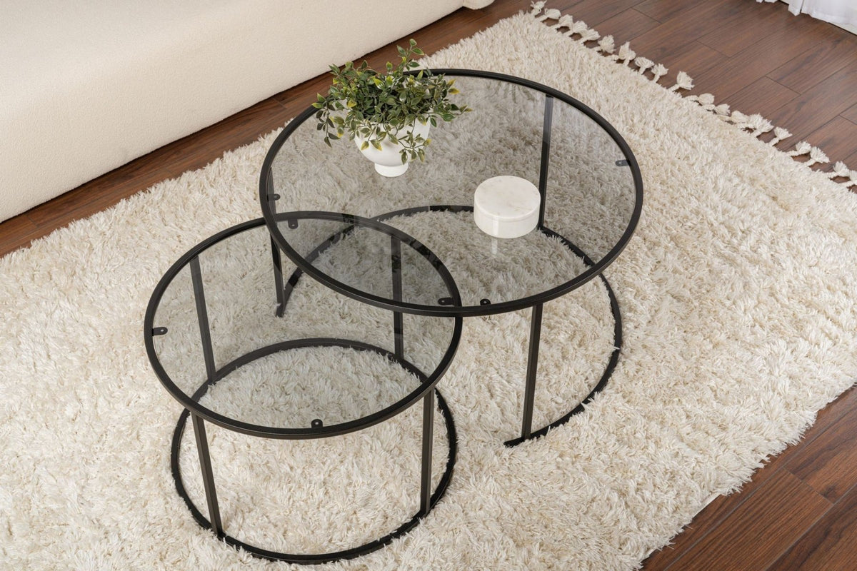 Coffee Tables - Modern Round Coffee Table Set of 2 Uru Black - Gray Glass - 80/60 cm - Dimehouse