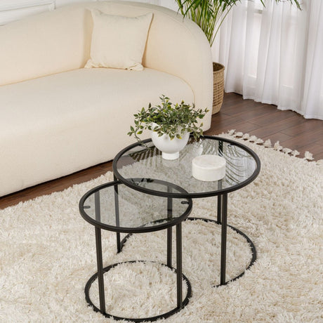 Coffee Tables - Modern Round Coffee Table Set of 2 Uru Black - Gray Glass - 60/42 cm - Dimehouse