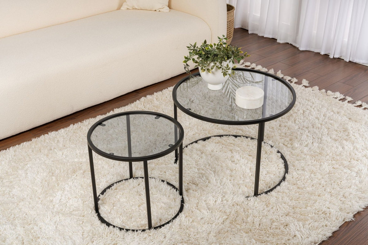 Coffee Tables - Modern Round Coffee Table Set of 2 Uru Black - Gray Glass - 60/42 cm - Dimehouse