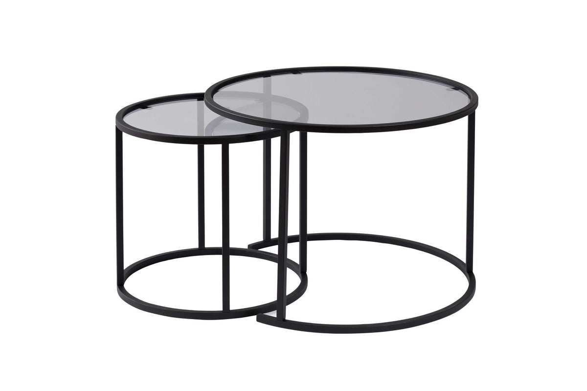 Coffee Tables - Modern Round Coffee Table Set of 2 Uru Black - Gray Glass - 60/42 cm - Dimehouse