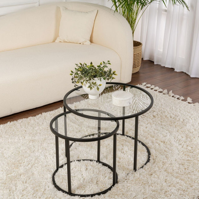 Coffee Tables - Modern Round Coffee Table Set of 2 Uru Black - Transparent Glass - 60/42 cm - Dimehouse