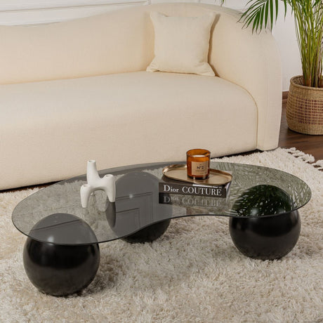 Coffee tables - Organic coffee table gray tinted glass black ball legs Sphere 120x70 cm - Dimehouse