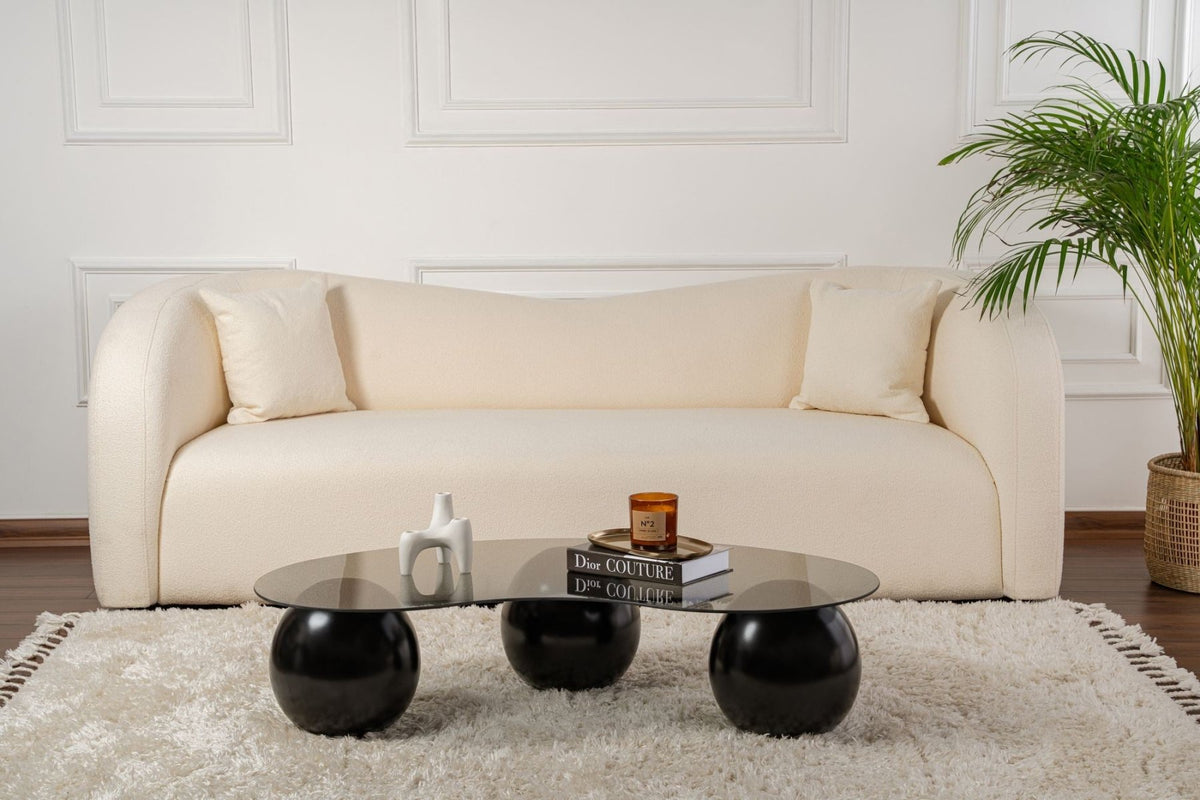 Coffee tables - Organic coffee table gray tinted glass black ball legs Sphere 120x70 cm - Dimehouse