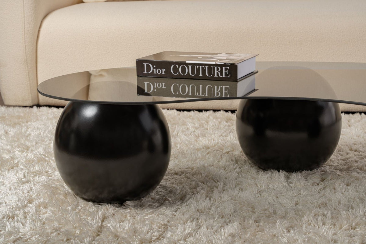 Coffee tables - Organic coffee table gray tinted glass black ball legs Sphere 120x70 cm - Dimehouse