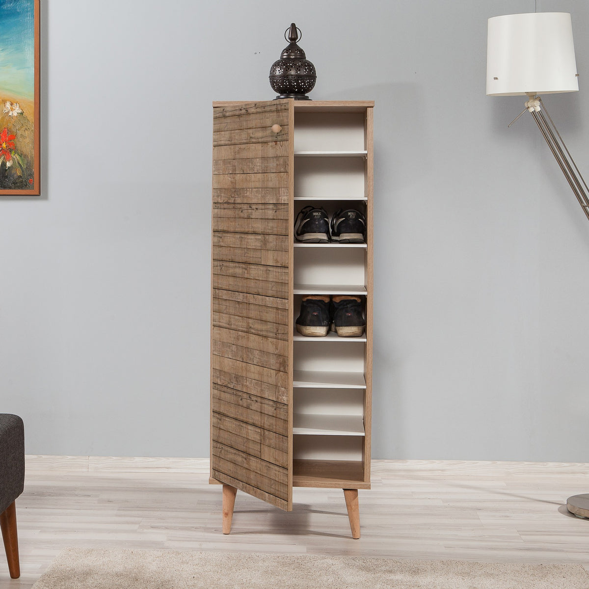 Shoe cabinets - Shoe cabinet Filinta Sonoma Oak Slats Melamine 50x135x38 cm - Dimehouse