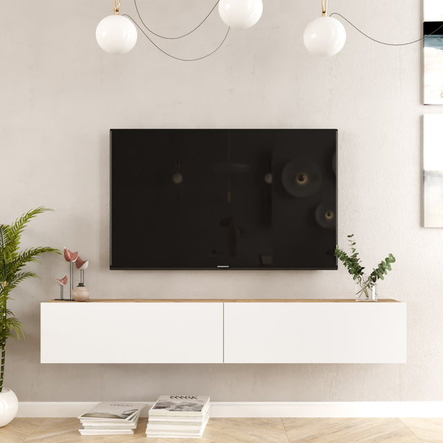 TV Furniture - Floating TV Furniture Turin Atlantic Pine White Melamine 180x29.6x31.6 cm - Dimehouse