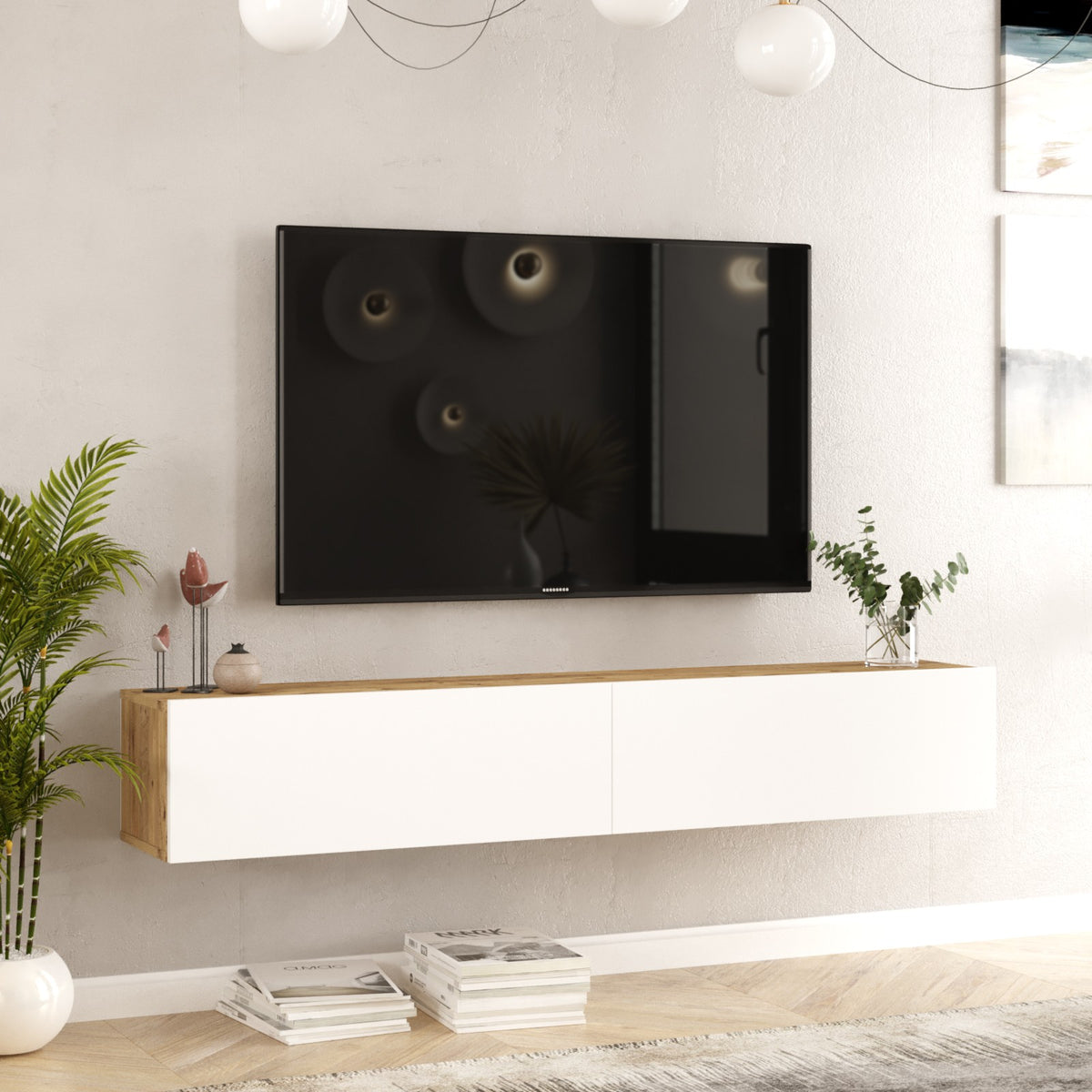 TV Furniture - Floating TV Furniture Turin Atlantic Pine White Melamine 180x29.6x31.6 cm - Dimehouse