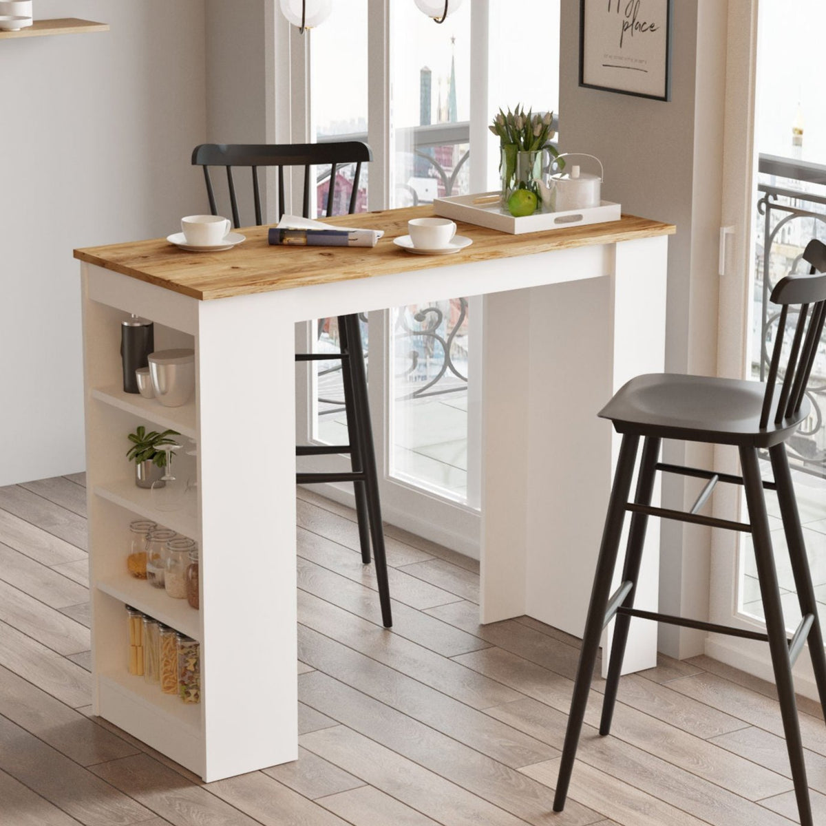 Bar tables - Bar table Paphos Atlantic Pine Wood White Melamine 120x101.8x51.6 cm - Dimehouse