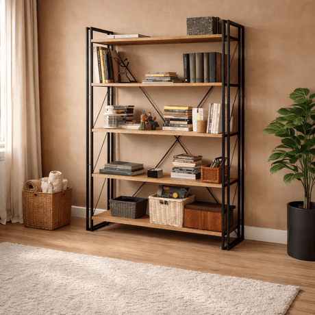 Bookcases - Industrial bookcase pine wood melamine black metal Cosmo 130x180x35 cm - Dimehouse