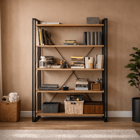 Bookcases - Industrial bookcase pine wood melamine black metal Cosmo 130x180x35 cm - Dimehouse