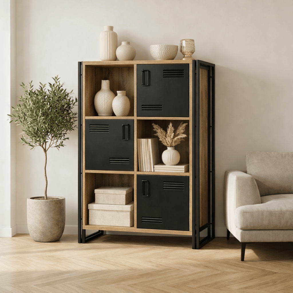 Bookcases - Industrial cabinet pine wood melamine black metal Cosmo 89x127x35 cm - Dimehouse