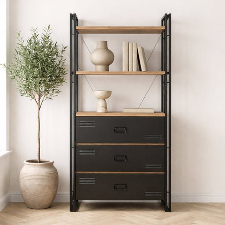 Bookcases - Industrial bookcase with drawers pine wood melamine black metal Cosmo 90x180x35 cm - Dimehouse