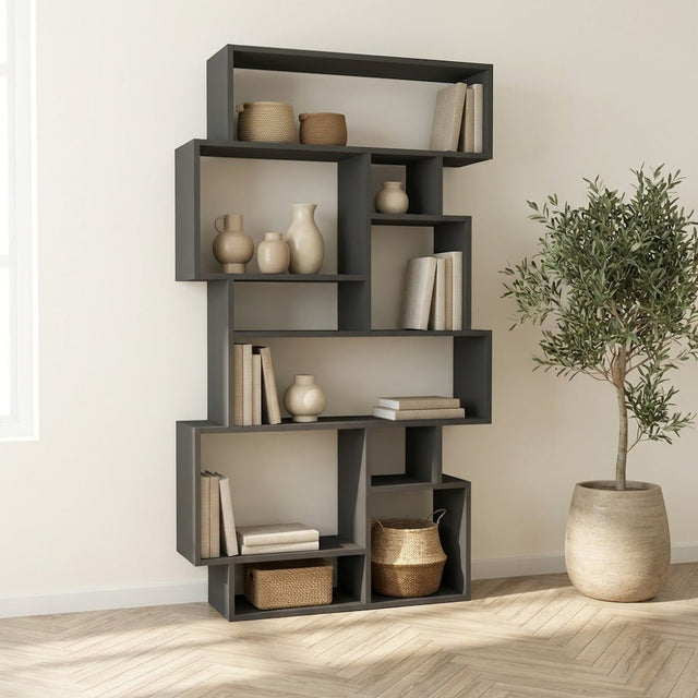 Bookcases - Asymmetrical bookcase anthracite melamine Karmato 96x168.5x25.5 cm - Dimehouse