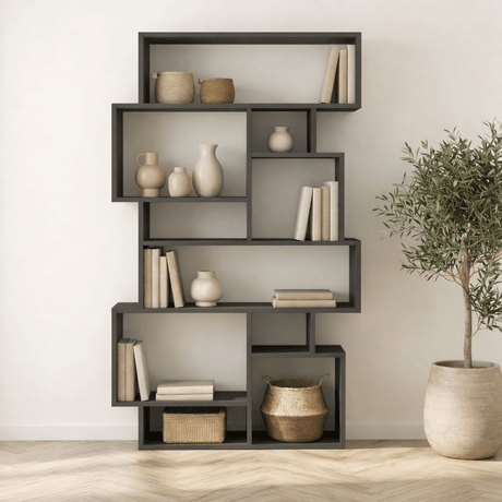 Bookcases - Asymmetrical bookcase anthracite melamine Karmato 96x168.5x25.5 cm - Dimehouse