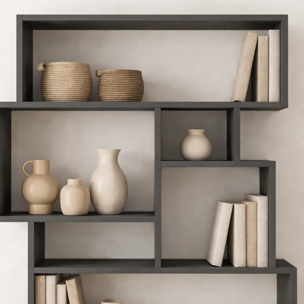 Bookcases - Asymmetrical bookcase anthracite melamine Karmato 96x168.5x25.5 cm - Dimehouse