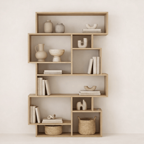Bookcases - Asymmetrical bookcase oak look melamine Karmato 96x168.5x25.5 cm - Dimehouse